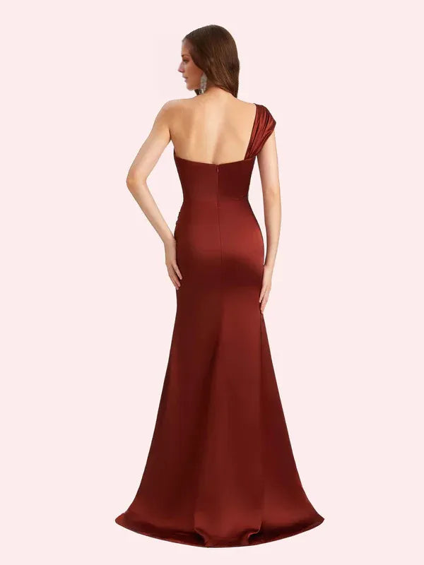 Vestido Weitese elegante de un hombro sin mangas estilo sirena suave satén maxi vestido de madrina para boda vestido de fiesta